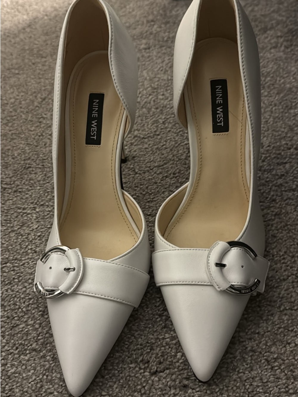Nine West White Pointed Toe Buckle Pumps